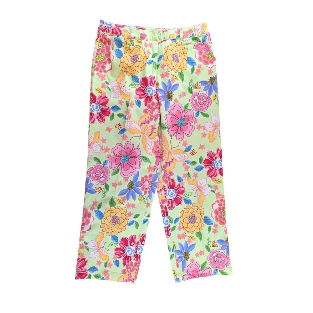 Talbots Floral Butterfly Crop Pants‎ Womens 10 Green Pink Stretch Straight Fit